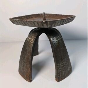 VTG Metal Brutalist Candle Holder MCM 5x5 Cast Iron 1960s Textured Square Heavy